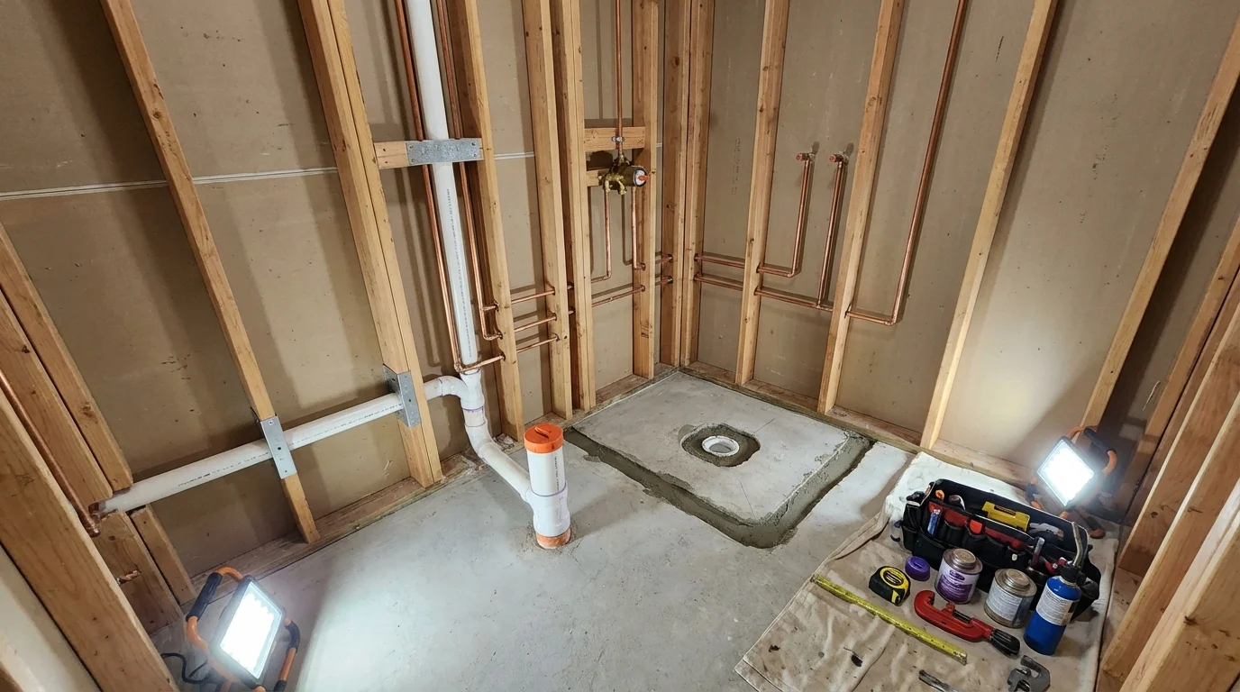 Bathroom rough-in plumbing during remodel by Johns Plumbing LLC in La Grande
