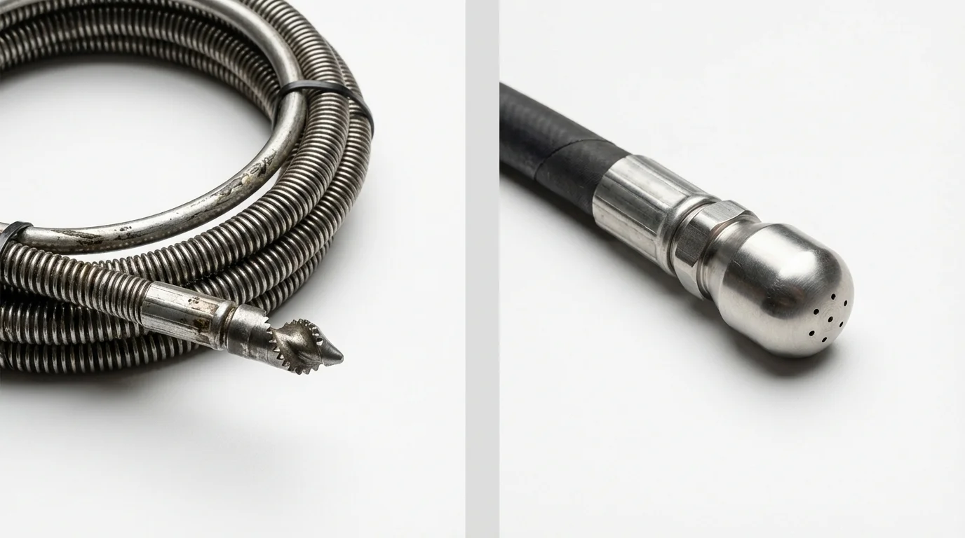 Drain snake cable and hydro jetting nozzle used for drain cleaning in La Grande, OR