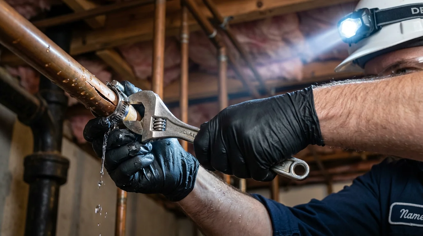 Emergency pipe clamp repair being performed by a Johns Plumbing LLC plumber in La Grande