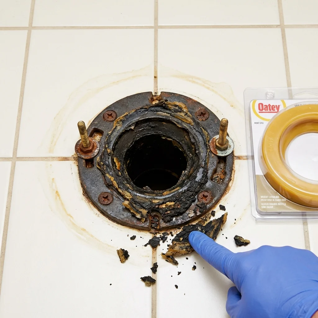 Failed wax ring showing water seepage at the base of a toilet in a La Grande, OR home
