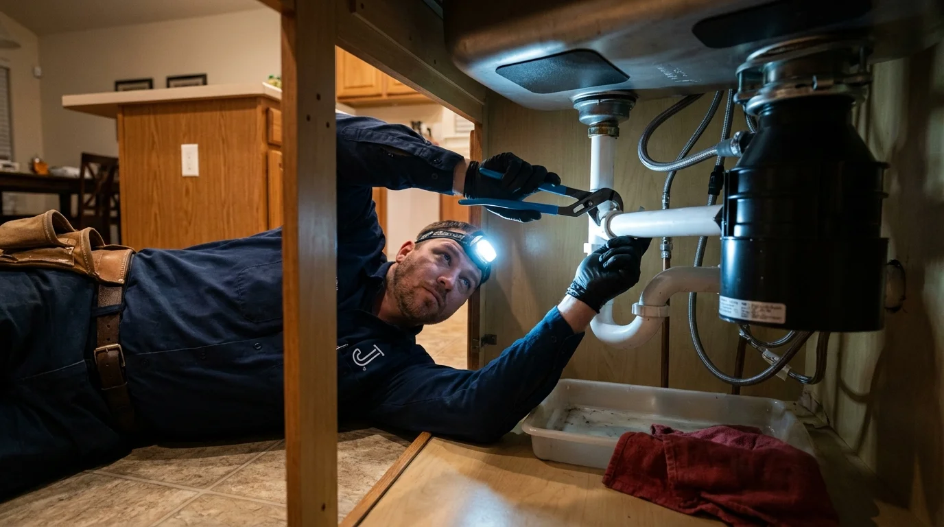 P-trap and supply line connections under a kitchen sink showing a common leak point in La Grande, OR